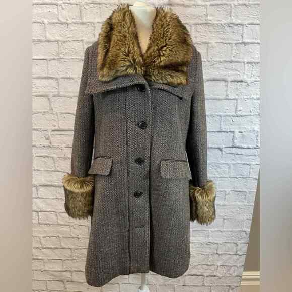 ColdWater Creek Herringbone FAUX Fur Trim Fall Jacket Coat Medium 10 12 A46 - Picture 1 of 5